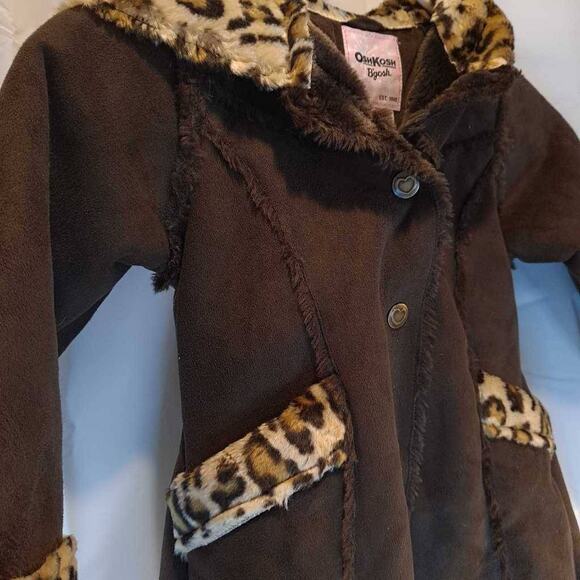 OshKosh B'gosh Girls Basic Coat Brown Leopard Hooded Mid-Length Long Sleeve 4 - Picture 2 of 10